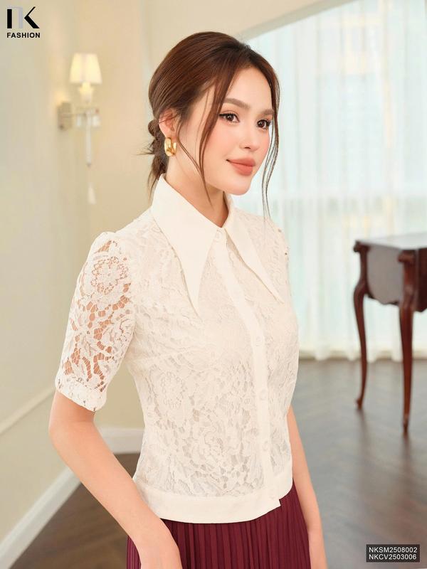 Áo Sơ Mi Ren Croptop Phối Gấu Nẹp Cổ Thời Trang Công Sở NK Fashion Nữ Tính Vải Ren Mềm Mịn NKSM2508002