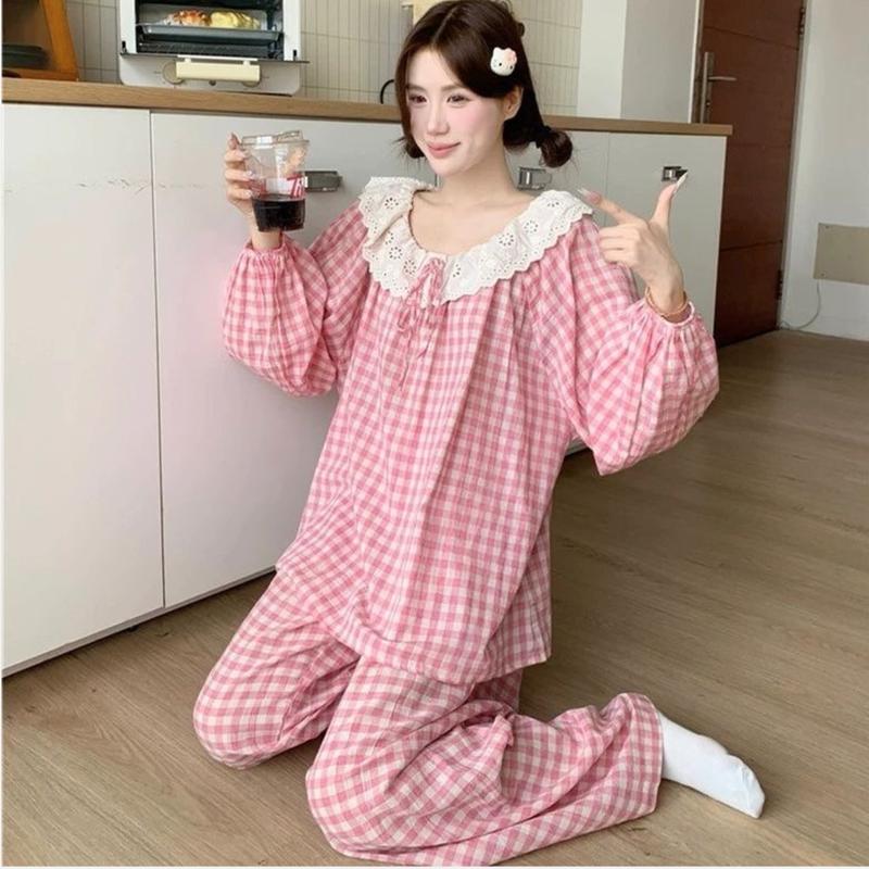 Bộ Đồ Ngủ Kẻ Caro Thắt Nơ Xinh Xắn Áo Tay Dài Quần Dài CÓ CẢ BIG SIZE Nhà Pink [ HÀNG CAO CẤP]