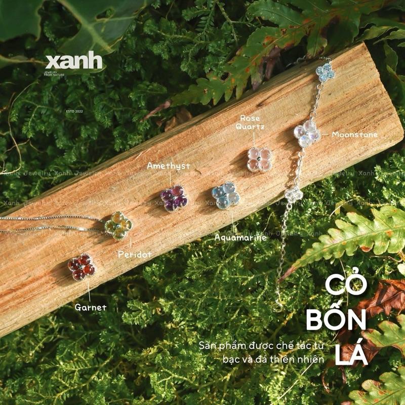 Dây chuyền Cỏ bốn lá đáng yêu may mắn đá Garnet Citrine Peridot Aquamarine Amethyst Moonstone Rose Quarzt thiên nhiên - Xanh Jewelry