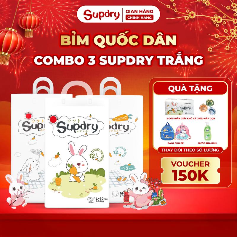 CÓ QUÀ COMBO 3 bịch Tã Bỉm Supdry Bỉm Supdry Trắng Siêu Thấm Hút An Toàn và Khô Thoáng Cho Bé size NB S M L XL XXL XXXL XXXXL cho bé từ 4kg - hơn 20kg + Quà tặng