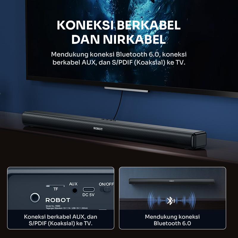[EKSLUSIF SPECIAL PRICE] ROBOT RB80 Soundbar TV Bluetooth 6.0 10W Dual Speaker Full-Range & Dual Bass Konektivitas Ganda Garansi 1 Tahun BISA COD
