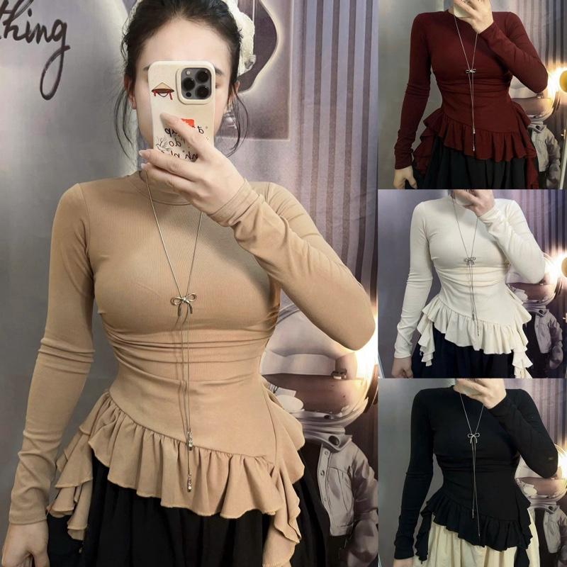  Size từ xs-2xl Deal mở bán  Áo cổ tròn  TAY DÀI  thu đông nhún eo tua rua chất thun borip mềm mại 