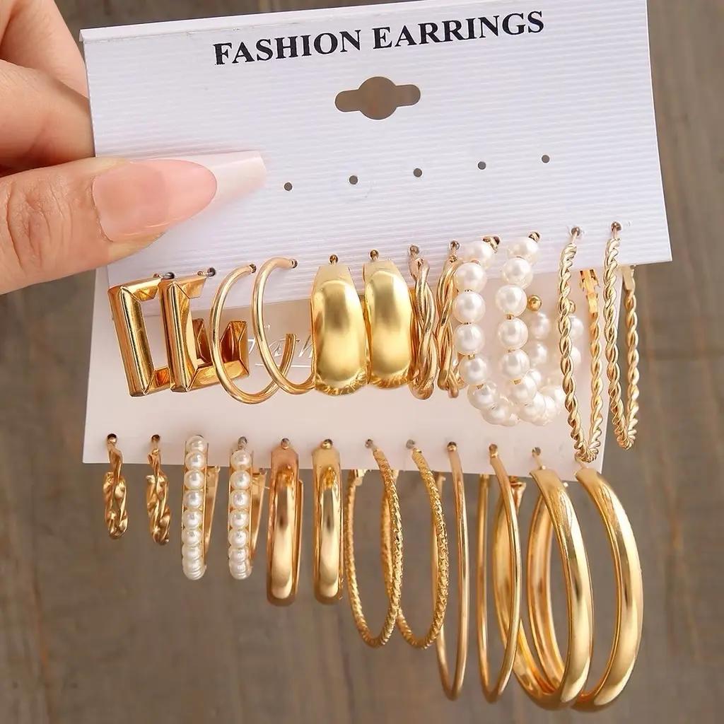 PH52 6 Set Anting Hoop Kotak Elegan Anting Mutiara Hati Untuk Aksesoris Wanita Alloy Gold Silver