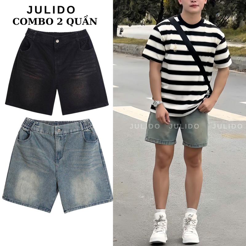 Combo 2 Quần short jean nam JULIDO chất liệu jeans wash mềm mại thoáng mát phối cạp chun co dãn_ E6