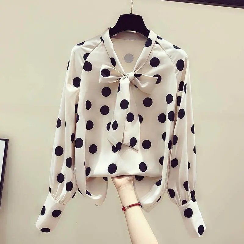 Kemeja lengan panjang sifon polka dot untuk kanak-kanak perempuan, baju atasan fesyen Korea, retro, longgar, musim bunga dan musim luruh