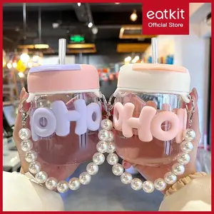 Eatkit Gelas Kaca HOHO Tumbler 350ml Anti Tumpah & Rantai Mutiara Gantung Mug Kopi Traveling