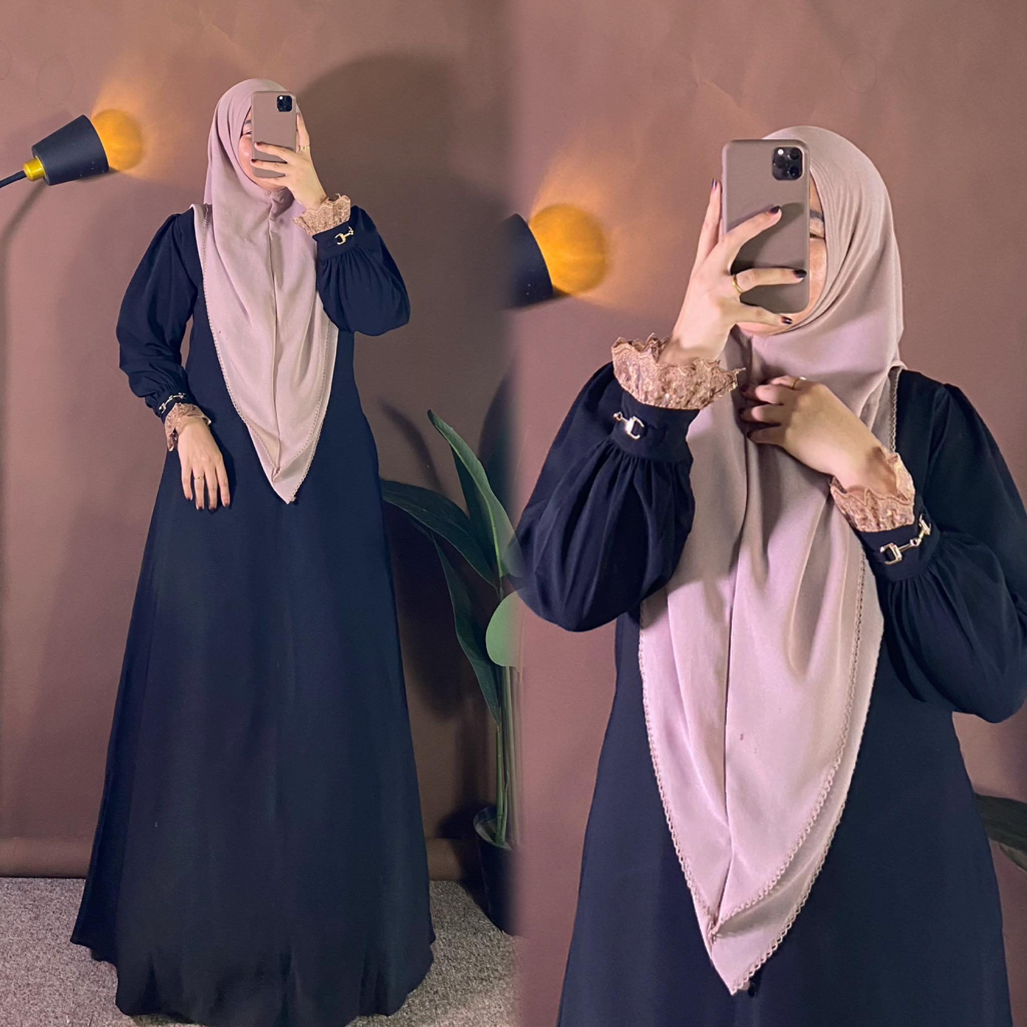 One set Maryam. one set bahan sabrina anti uv. gamis renda. gamis set kerudung. gamis model terbaru. gamis syar'i set hijab. gamis kekinian