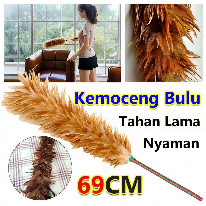 Kemoceng Bulu Ayam Asli Premium Panjang 69cm Bulu Lembut Tidak Gores Barang Efektif Bersihkan Debu Sudut Rumah Furniture Lampu Rak