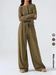 Conjunto de moda para mujer con top de rayas y manga larga & pantalones de pierna ancha, casual de dos piezas para otoño invierno Halloween fiesta de navidad estilo Y2K