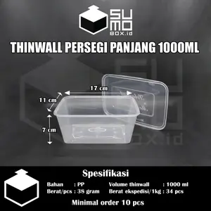 [1 PAK ISI 25 PCS] Thinwall PERSEGI PANJANG 1000ml + Tutup / Kotak Makan Plastik 1000 ml FREE PACKING