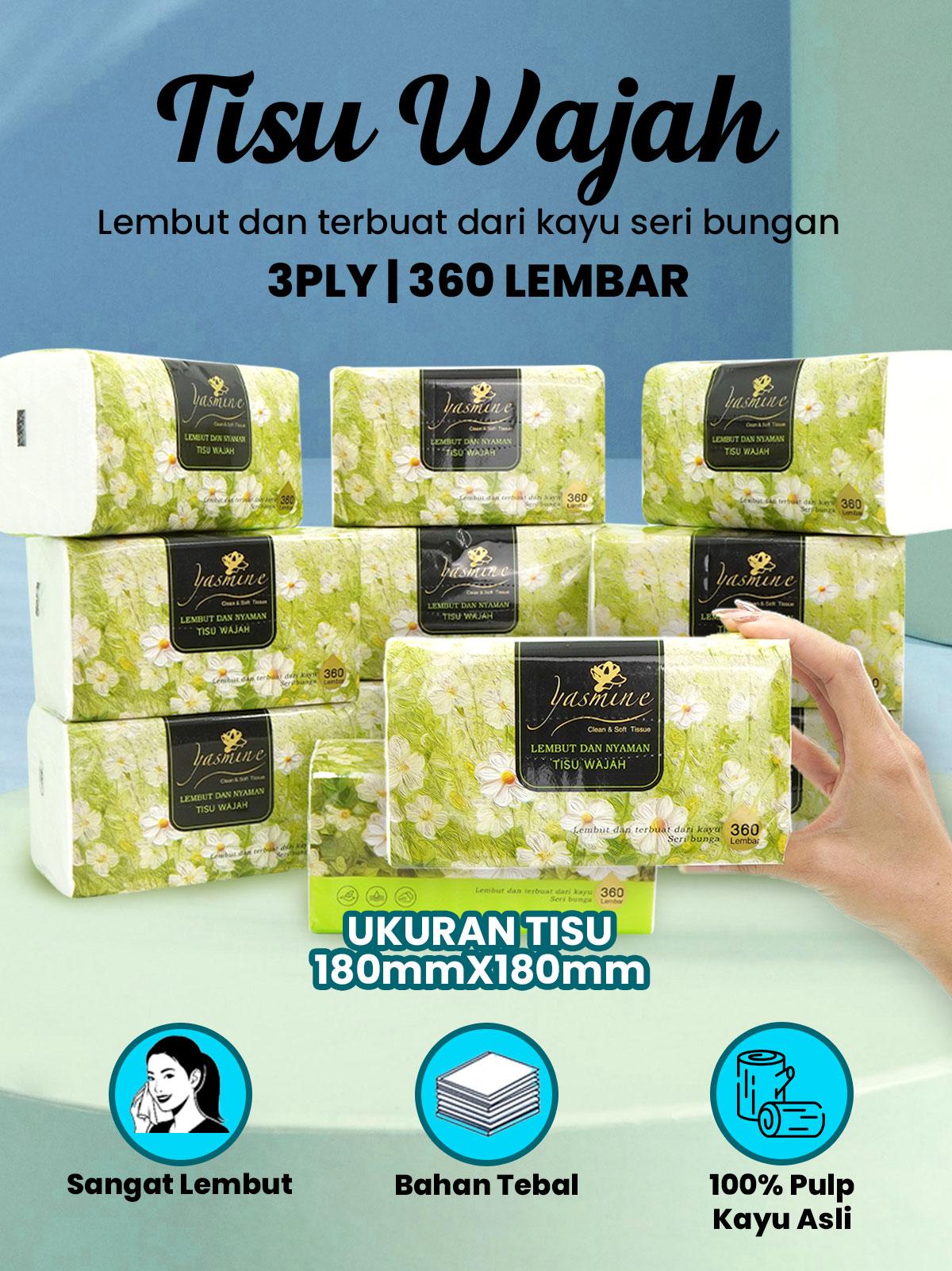 Yasmine Tisu 6 PACK 360 helai 3 ply soft facial tissue tisu serbaguna 100% Serat Alami Tidak Mengandung Bahan Kimia Aman untuk Semua Kulit