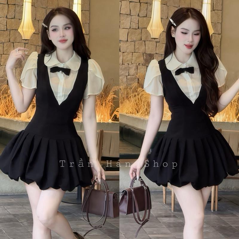 V201 { CÓ SẴN ĐI ĐƠN NGAY}  Váy Nữ Sang Chảnh,Đầm Tiểu Thư Sang Chảnh Kiểu Dáng Cổ Yếm Phối Trắng Mix Tùng Dập Ly Xinh Xỉu