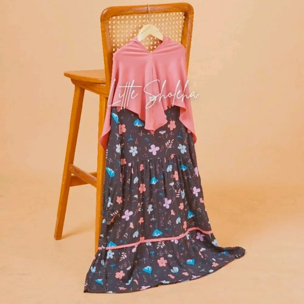 Set Gamis dan Jilbab Zahwa Muslim untuk Anak - Dress, Viscose, Wanita, Rayon, Setelan, Baju, Syari, Nyaman, Katun Motif