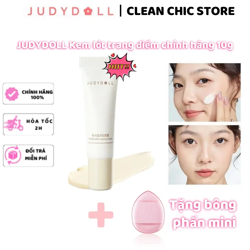 Kem Lót Trang Điểm, Judydoll, Kem Dưỡng Da Mặt Mềm Mại Và Mịn, Kem Khuôn, Chống Dính Phấn, Mẫu Trung Bình 10g, Cỡ Du Lịch, Đi Kèm Với Một Mút Đánh Phấn Mini