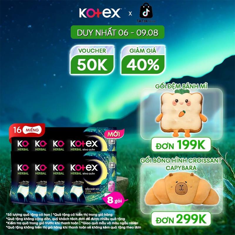 [QUÀ TẶNG HOT] 8 gói băng vệ sinh quần Kotex Herbal cỡ M/L​, chống tràn, thấm hút tốt, thoáng khí, không lộ viền, khử mùi, kháng khuẩn, 2 miếng/gói, phù hợp sử dụng ngày và đêm, dành cho phụ nữ mang thai và sau sinh, bvs kinh nguyệt nhiều, tampon​​