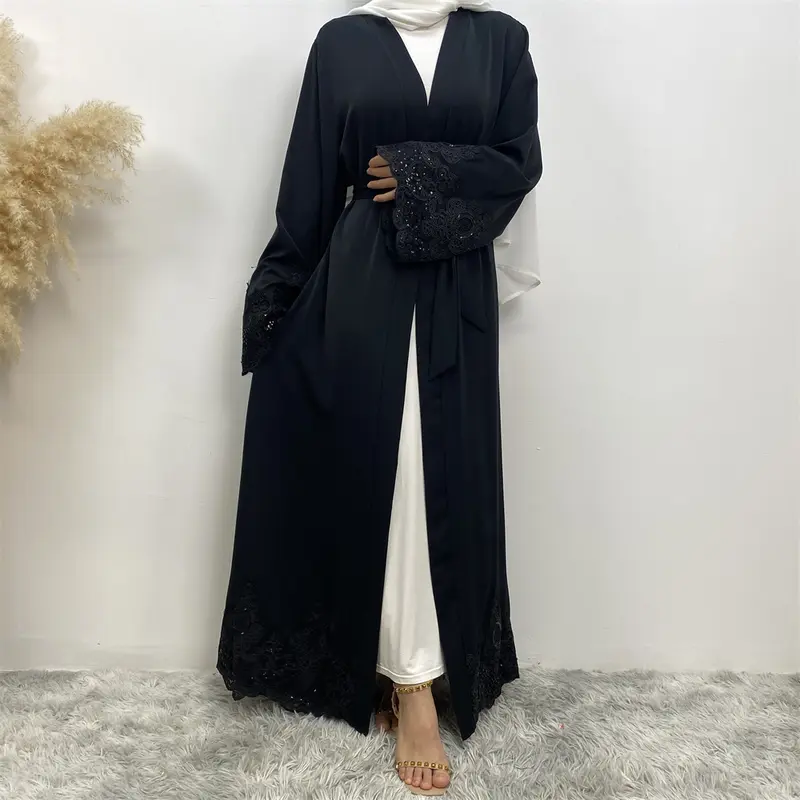 1989#  New fashion lace applique loose cuff open abayas 5 colors 2