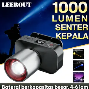 LEEROUT  Kecerahan tinggi Senter Kepala LEDLaser ZoomMMallRotary 1000 Lumen 2 BateraiJangkau panjang Tampilan angka 60w  WaterprooflPX6HS-U8
