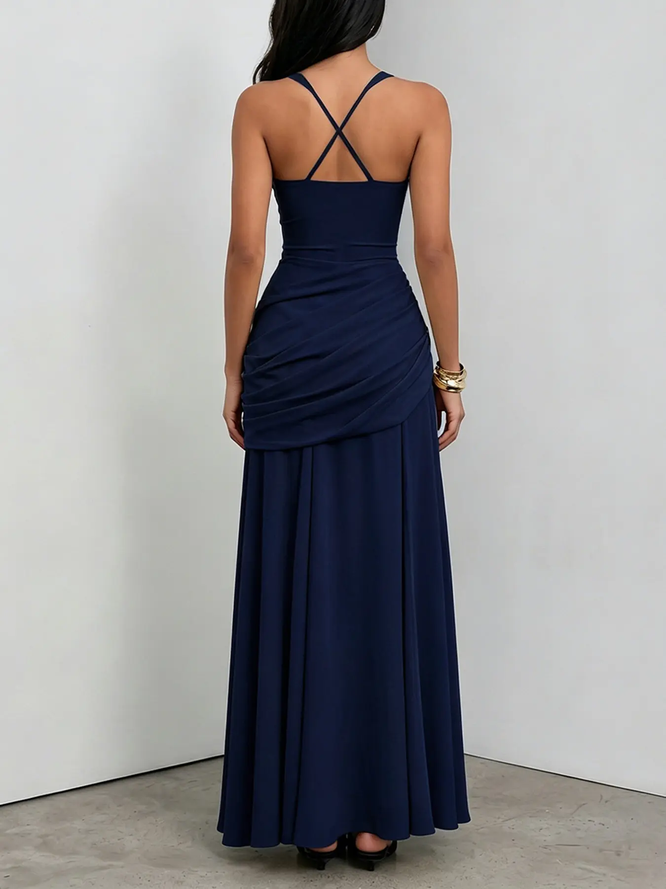Nuevo vestido largo para mujer 2026, color sólido, corte entallado, escote cuadrado con pliegues, espalda descubierta con tiras, vestido de gala para fiesta - Foto 7