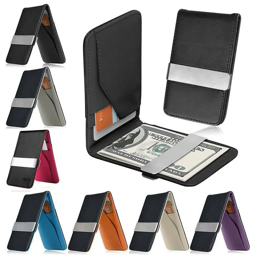 Portable Leather Men Purse ID Credit Card Holder Stainless Steel Money Clip Slim Wallets