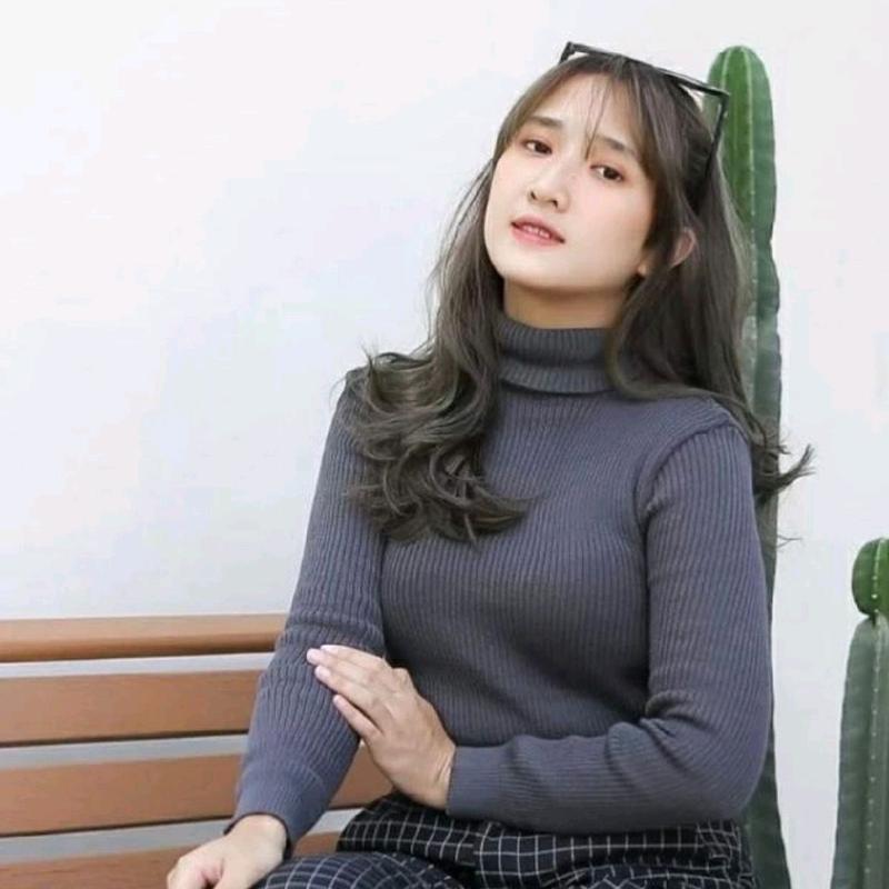 Baju Atasan Kaos Polos Wanita Lengan Panjang Turtelneck Bahan Rib Premium Kerah Tinggi ala Korean Style 2