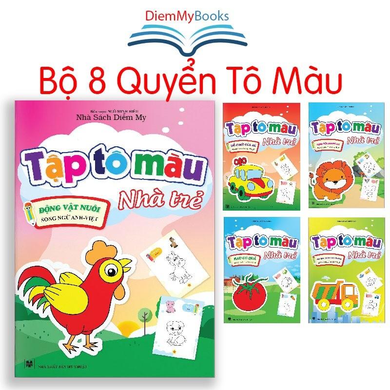 Sách- Bộ 8 Quyển Tập Tô Màu Nhà Trẻ Hình Vẽ To Dành Cho Bé Từ 3 4 5 Tuổi Kèm Túi Xách Song Ngữ Anh Việt 8 Chủ Đề