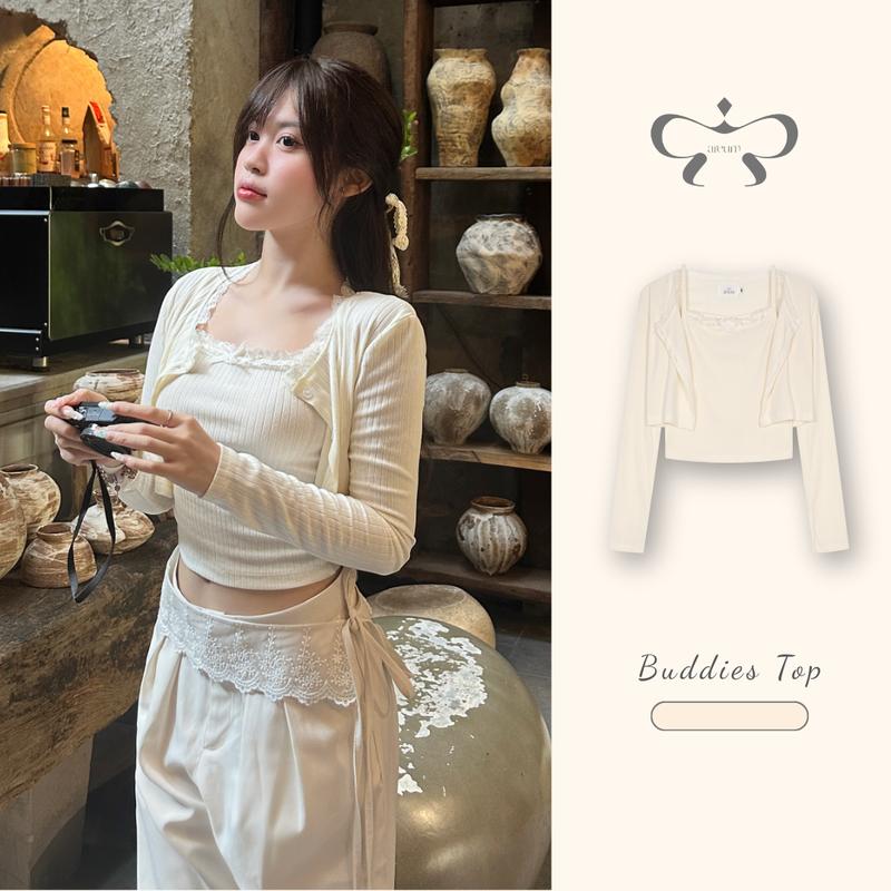AREUM Áo Tay Dài BUDDIES Cổ Viền Ren Áo hai dây + Áo khoác ngoài