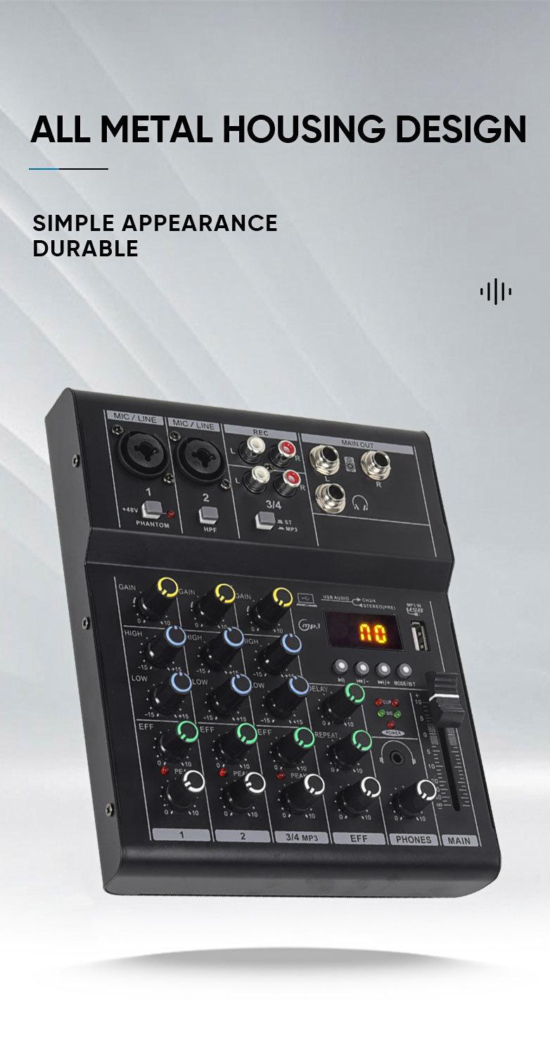 Product Introduction of LX01 4 kênh, chuyên nghiệp, nhỏ, bluetooth, máy trộn, với hiệu ứng âm vang, sử dụng tại nhà, karaoke, sân khấu, biểu diễn, đám cưới, hội nghị, bộ khuếch đại Mixer 10