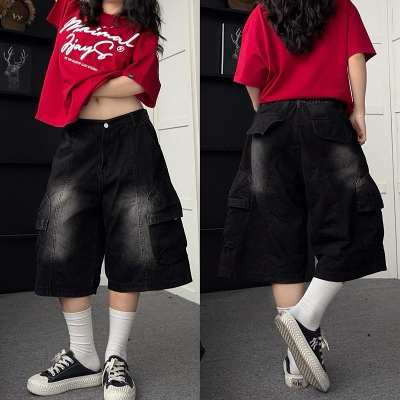 Jaystoree | Quần Shorts Jean túi hộp JUHO WASH màu XÁM ĐEN form Unisex  Quần ngố denim ống rộng Nam Menswear Có Túi