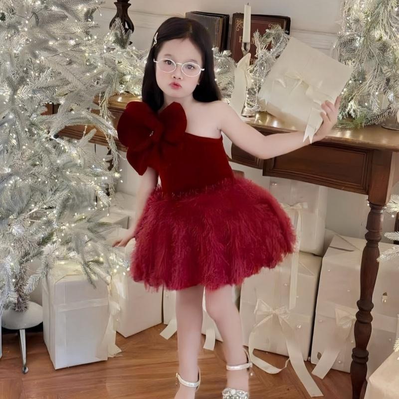   BÉ Cao bụ bẫm lên size  Váy hoa to lệch vai chất nhung kết hợp tua rua mềm cho bé gái 10-30kg 