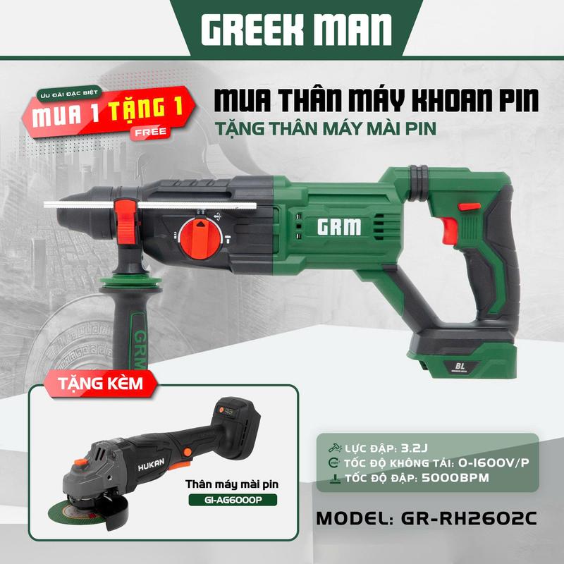 Greekman THÂN MÁY KHOAN BÊ TÔNG PIN GR-RH2602c Động Cơ Không Chổi Than 21V Tặng Kèm Thân Mài HUKAN Bảo Hành 6 Tháng