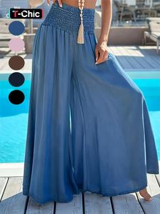Pantalones de pierna ancha fruncidos para mujer, pantalones casuales boho de cintura alta para vacaciones en la playa, ropa de verano para damas