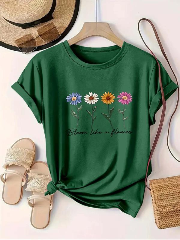 【Plus Size】 Daisy Print Round Neck Tee, Casual Short Sleeve Crew Neck T-Shirt for Summer, Women's Plus Clothing for Daily Wear, Top 3