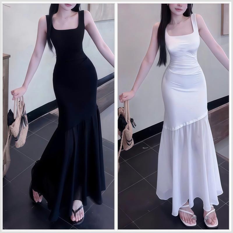 Đầm Hai Dây Bảng To Dáng Dài Đuôi Cá Cổ U Sẵn Mút Chất Thun Ladong Phối Voan Lưới Duyên Dáng Dễ Thương Đầm Đi Tiệc Đi Chơi Đi Biển_Váy Tiệc, Đầm Xinh Dự Tiệc Cưới, Váy Body, Váy Body Nữ Tôn Dáng, Váy Xinh, Váy Đi Biển
