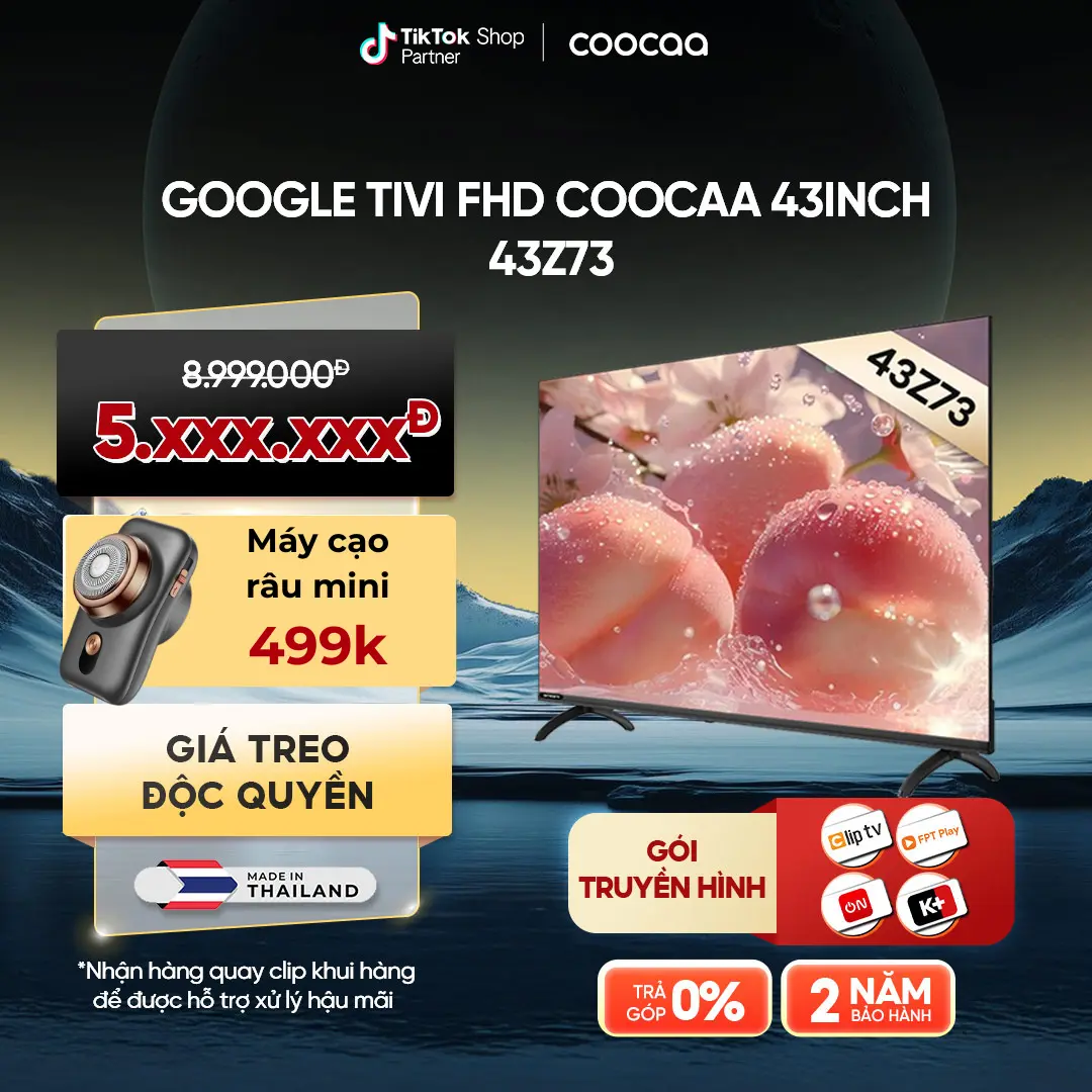 [Deal Độc Quyền-Tặng máy cạo râu mini] Google Tivi FHD COOCAA 43inch Model 43Z73 - RAM 1.5GB/ ROM 8GB - Điều Khiển Giọng Nói - Bluetooth - Kho Tàng Ứng Dụng Google Play màn  hình 32 inch