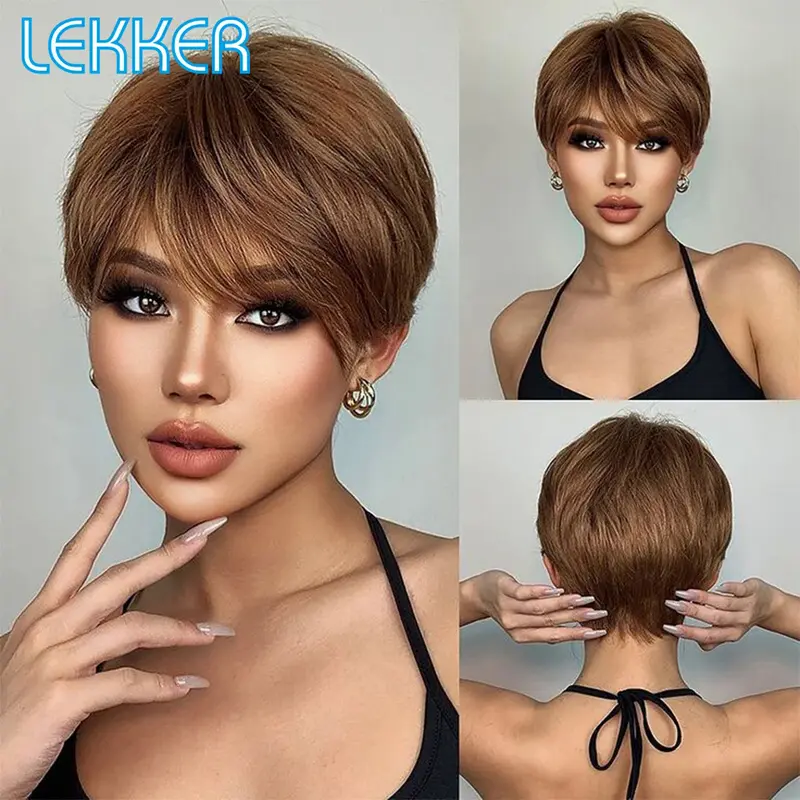Tóc Giả Bằng Tóc Người Thật, Lekker, Mặc Và Đi, Tóc Vàng Vàng Thẳng Ngắn, Kiểu Cắt Pixie Bob, Có Mái, Dành Cho Nữ, Tóc Remy Brazil, Dễ Đội 3