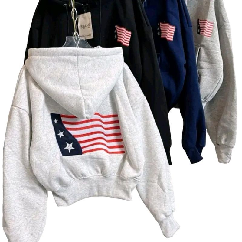 Mond.Cloting Áo Khoác Nỉ Nữ From Ngắn Dày Dặn Họa Tiết Thiêu Full Trước Sau Cờ Mỹ Nón To 2 Lớp Có Túi Trong FreeSize 65kg Chất Liệu Nỉ Dệt Chống Nắng Tốt