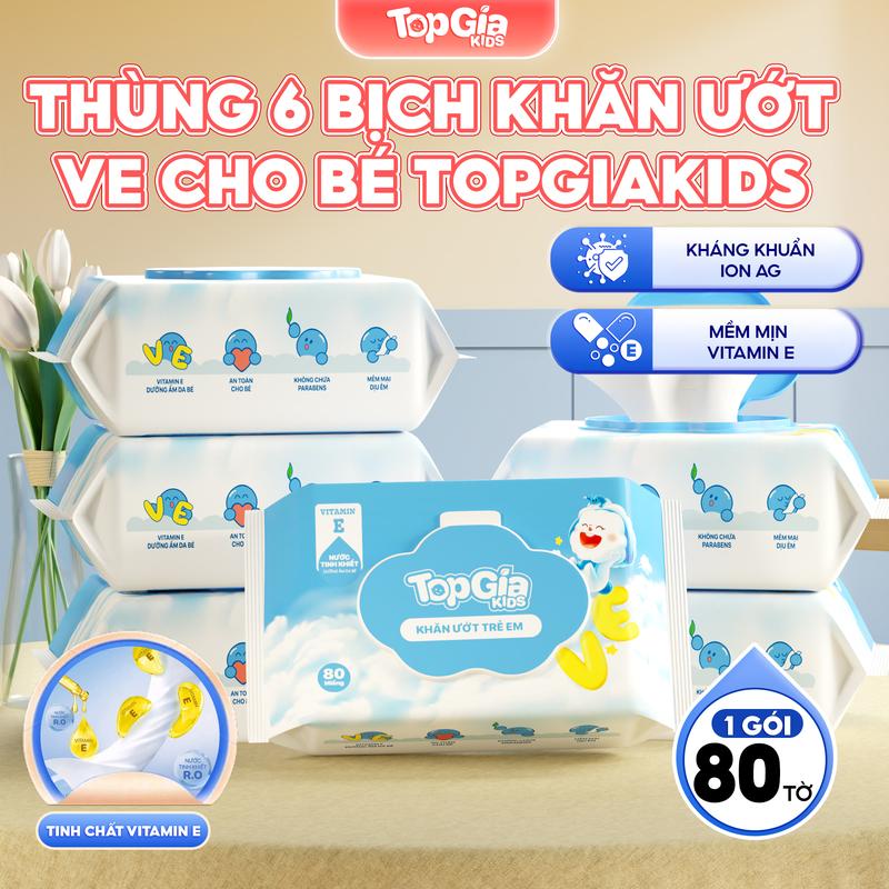 TẶNG 5 MIẾNG BỈM DÙNG THỬ [ SẢN PHẨM MỚI] Khăn ướt VE TOPGIAKIDS cho bé 80 tờ, bổ sung tinh chất Vitamin E, không cồn, không Parabens cao cấp an toàn cho bé [BO]