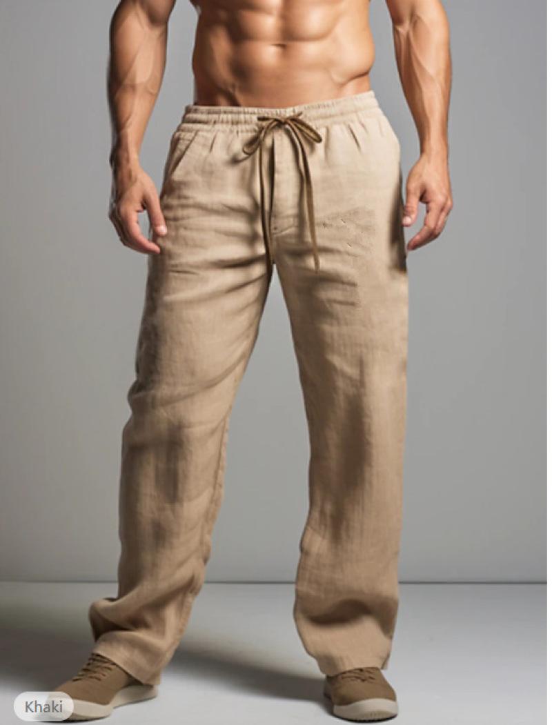Product Introduction of Men's summer pants, men's thin trousers, solid color drawstring casual loose cotton and linen pants, delicate simple straight pants 7