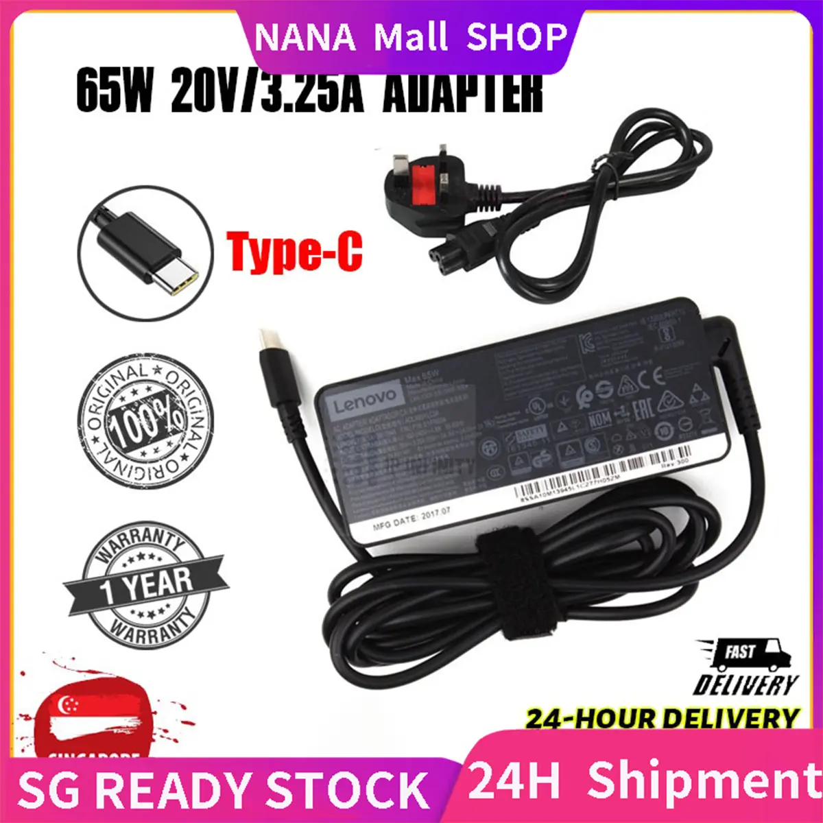 SG Seller StockLenovo 3.25A 20V 65W USB Type C AC Power Adapter For Lenovo Thinkpad Yoga Laptop Charger