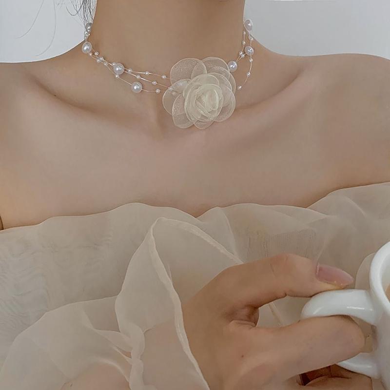 Vòng Cổ Choker Hoa Hồng, Ngọc Trai Ngọt Ngào Phụ Kiện Cổ, Vòng Cổ Choker Hoa Hồng, Dây Chuyền Xương Đòn Có Thể Điều Chỉnh Thích Hợp Cho Tiệc Cưới 4