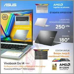 Asus VivoBook Go 14 E1404FA-VIPS5151M/52M/53M Ryzen 5 7520U 16GB 512GB FHD 14" W11+OHS+M365 Laptop dengan Layar 250 nits & Garansi Resmi 2 Tahun
