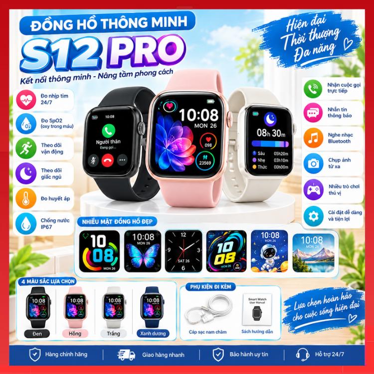 Đồng hồ thông minh S12 PRO, Smatwatch Nghe Gọi Chơi game Nhận thông báo sức khỏe Cho Nam Nữ