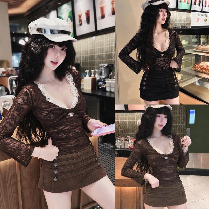 Sét Áo Ren Phối Mix Chân Váy Kaki Hoạ Tiết Cúc Nổi Dành Cho Nữ Cực Sang Chảnh by T.LINH STORE 68