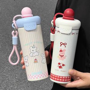 【With handle】600ml sus316 Tumbler Stainless Steel Thermos Cute Coffee Tumbler Tumbler Thermos Water Bottle with Straw Portable Aquaflask Kids Thermal Flask Botol Air Tahan Sejuk