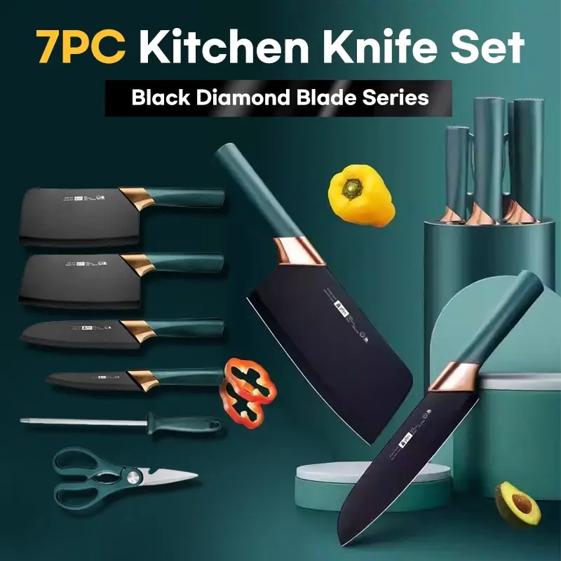 German Black 7 pcs Kitchen Knife Set | Scissor Sharpener Knife Holder Black Diamond Blade Block Kitchen Knives
