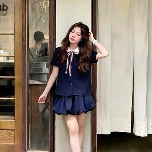 Thome mix Sét Áo Sơ Mi Cổ Sen Kèm Nơ Đỏ Chân Váy Bí Phồng Tiểu Thư Chất Chéo Hàn Mềm Mại Phong Cách Thời Trang