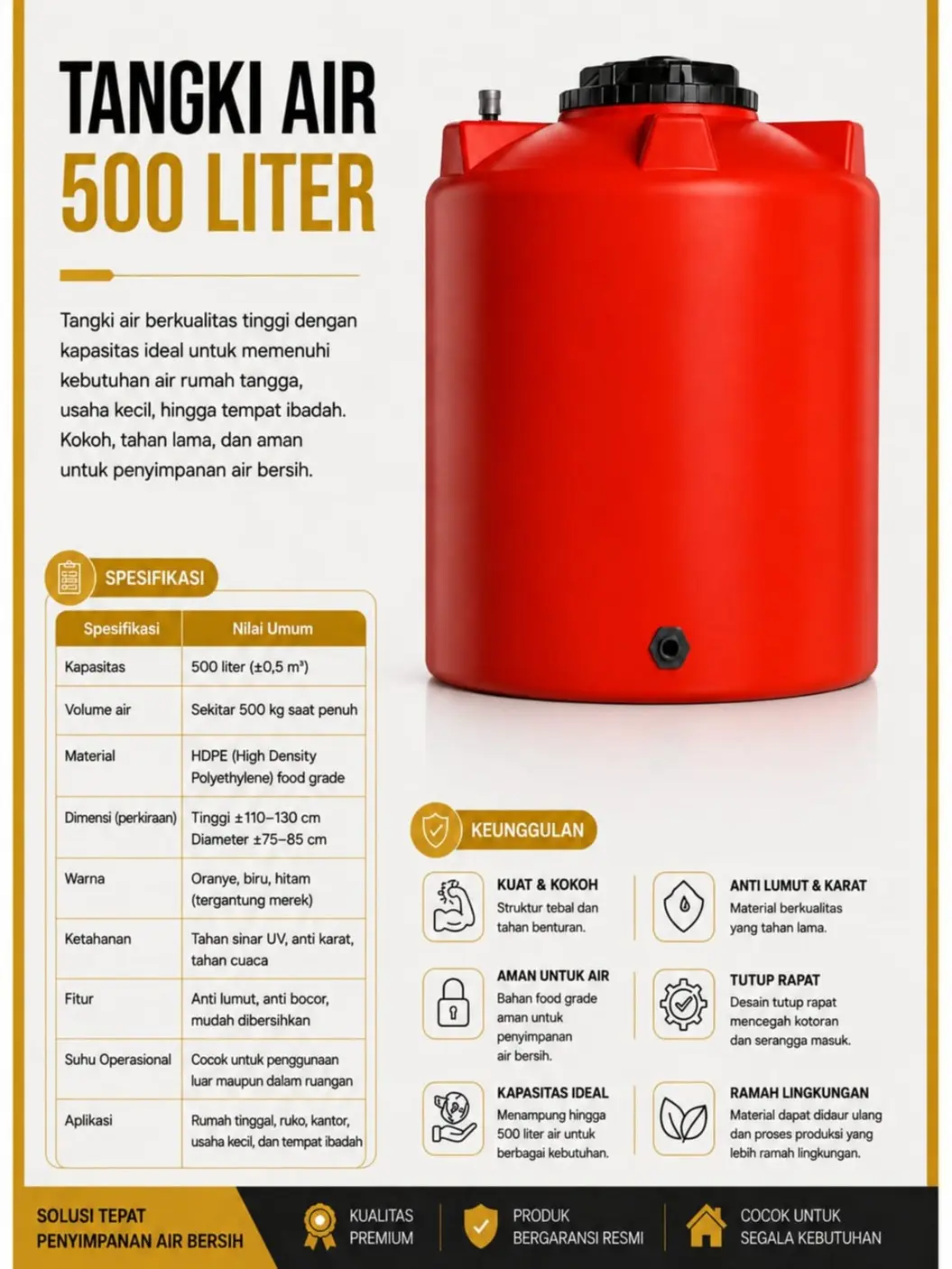 TOREN AIR 500 LITER | TANGKI AIR HDPE KUAT & TAHAN LAMA