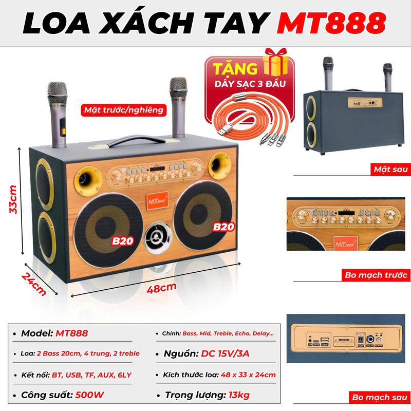 MTMax Loa Karaoke Xách Tay | MTMax MT888 | 500W | Bass Đôi 20CM 4 Mid 2 Treble | 8 Loa Âm Thanh Đa Chiều | Bass Căng Ấm Tiếng Siêu Rõ Micro Hát Nhẹ Vang Sâu | Dùng Thử 7 Ngày - Bảo Hành 12 Tháng