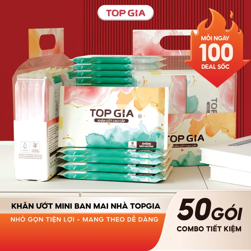 (50 gói - 99K) Combo 5 Bịch (50 gói nhỏ) Khăn ướt mini TOPGIA tiện lợi dễ dàng bỏ túi không cồn không hương liệu phù hợp với mọi làn da (KU)