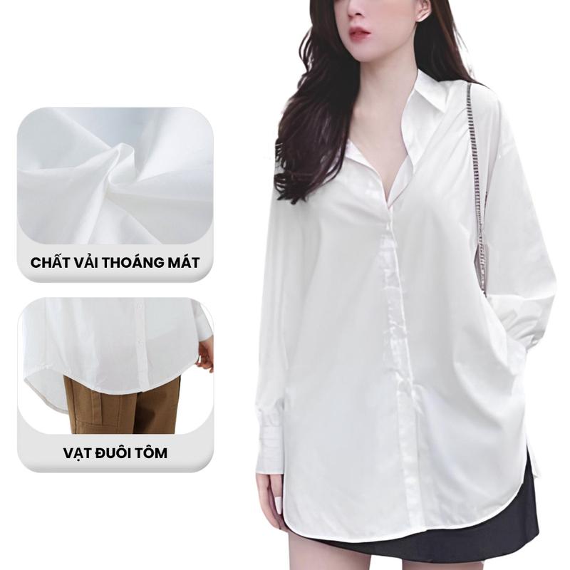 Áo Sơ Mi Kiểu Form Rộng Tay Dài Nữ Madela, Áo Sơ Mi Nữ Màu Trắng Form Rộng Đuôi Tôm Tay Dài - ASM06